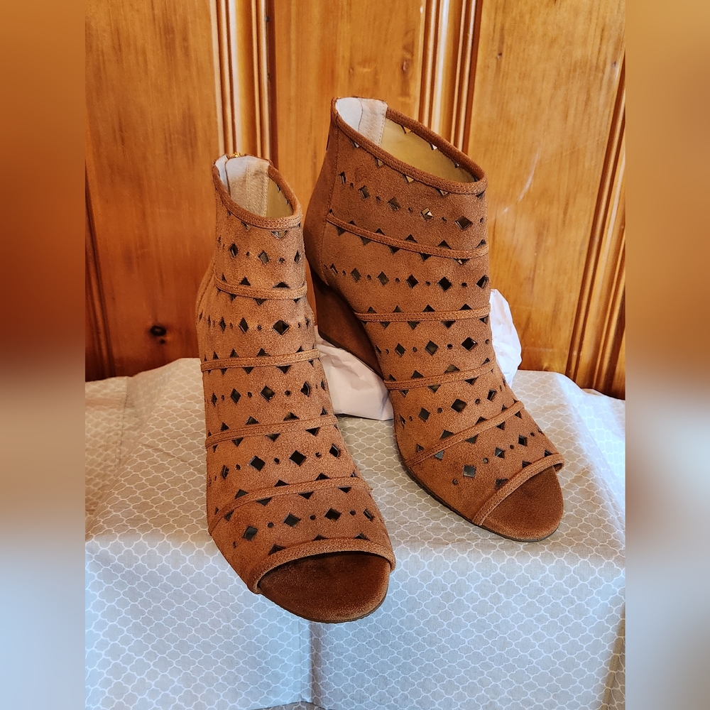 Michael Kors Leather Peep Toe Wedge Boots